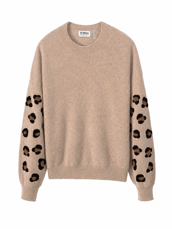 27 Miles Sweaters - 27 Miles Leopard Sleeve Cashmere Crewneck